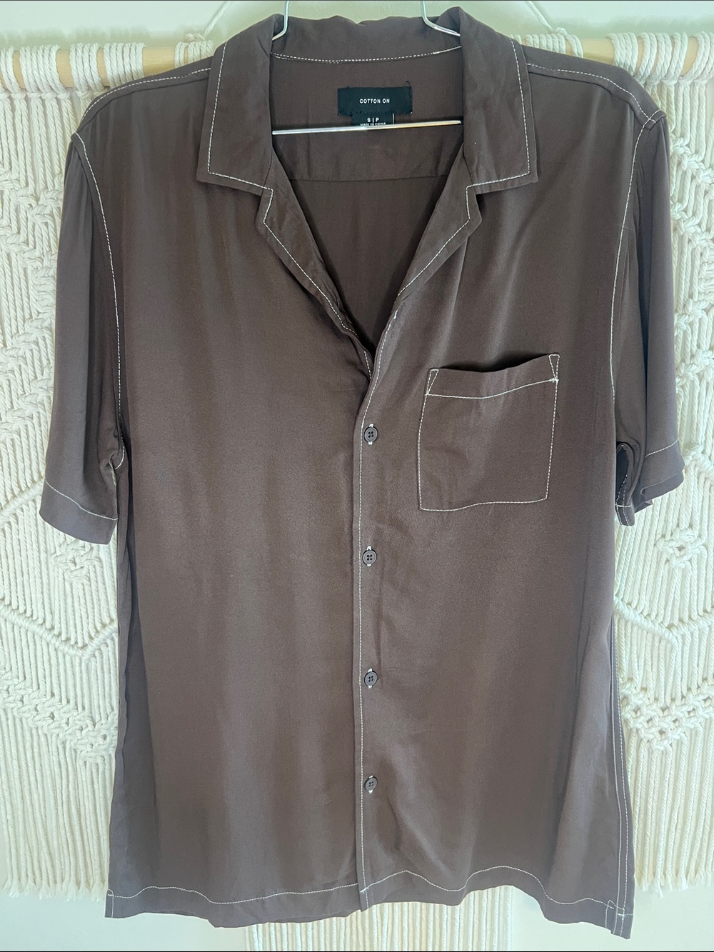 Cotton On Brown Short-Sleeve Camp Shirt with Contrast Stitching